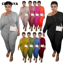 CM.YAYA Plus Size XL-5XL Women Set Two Pieces Set Tracksuit Batwing SLeeve Tee Tops Jogger Sweatpant Suit Outfit Matching Set Y0625