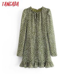 Tangada Fashion Women Green Dots Print Chiffon Dress Bow Long Sleeve Ladies Elegant Mini Dress Vestidos 6M4 210609