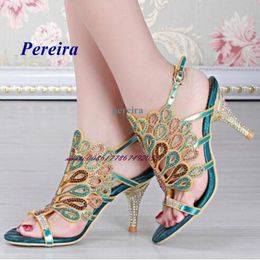 Sandals Pereira Round Toe Crystal Peacock Buckle Strap Mixed Colour Thin Heel Women Shoes Summer Party Sexy