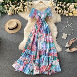 Gaganight Summer Beach Maxi Dress Women V Neck Short Sleeve Bohemian Slim Long Dress Ruched High Waist Tie Dye Print Vestidos 210519