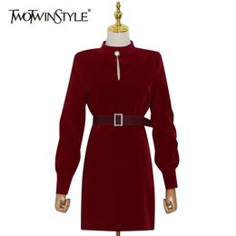 TWOTWINSTYLE Vintage Velour Dress For Women Stand Collar Long Sleeve High Waist Patchwork Pearl Sashes Mini Dresses Female Fall 210517