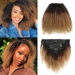 Mongolian Clip in Human Hair Extensions Afro Kinky Curly T1B/4/27 120g/set 8pcs Ombre Colour Clip in