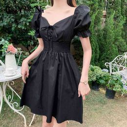 Black Midi Dress Women Lace-up Vintage A Line Party Elegant Slim Oversize Dresses Streetwear Casual Korean Vestidos 210506