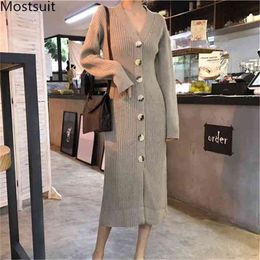 Vintage V-neck Single Breasted Knitted Dress Women Autumn Winter Full Sleeve Ladies Fashion Sweater Dresses Vestidos 210513