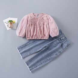 2-7 Years High Quality Spring Girl Clothing Set Fashion Casual Cute Solid Shirt + Jeans Kid Children Girls 210615