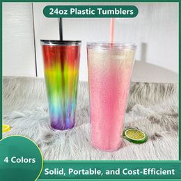 4 Colors 24oz Plastic Glitter Tumblers Rainbow Graident Plastic Straw Cups 710ml PS Double Walled Acrylic Water Bottles Reusable Portable Office Coffee Mugs Custom