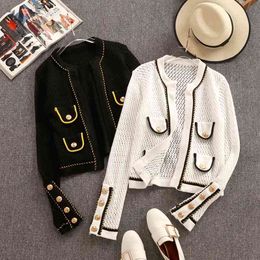 Women Autumn Winter Fashion Hollow Out Weave Cardigan Sweater Long Sleeve Golden Button Knitted Outerwear Coat Jacket Top 210416