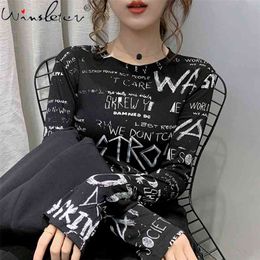 Black White Drawing Letter Print Long Sleeve O-neck Cotton Slim T-Shirt Spring Casual Doodle T-Shirts Top for Women T07210B 210421