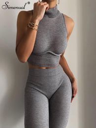 Women's Two Piece Pants Simenual Ribbed Sporty Workout Loungewear Sets Sleeveless Tank Top And Outfits Bodycon Simple Basic Co-ord Set
