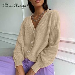 Knitted Cardigan For Women Long Sleeve Solid V-neck Single Breasted Oversize Sweater Coat Autumn Button Female Cardigans 211215