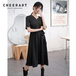 Contrast Stitch Black Summer Dress Lace Up V Neck Embroidered A Line Long Dress Women European Clothing 210427
