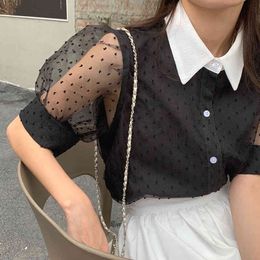 Lapel Contrast Colour Polka Dot Mesh Stitching Puff Sleeve Chiffon Shirt + Simple Ladies Skirt Casual 2-piece Set 16W1383 210510