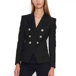 EXCELLENT QUALITY Newest 2021 Stylish Designer Blazer for Women Lion Silver Buttons Double Breasted Career Blazer Outer Wear X0721