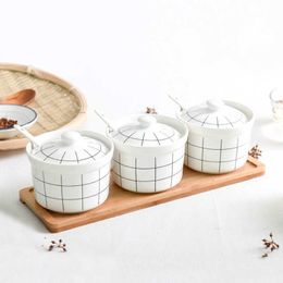 Ceramic Seasoning Jar Set Bottle Salt Shaker Home Utensils Japanese-Style Spice Tank Kitchen Tool Accessories with Storage Seat