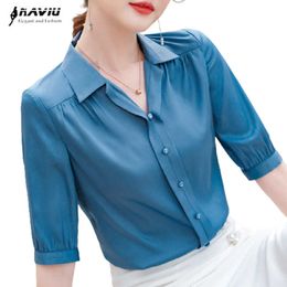 Satin Shirt Women Half Sleeve Summer Loose Fashion Temperament V Neck Formal Blouses Office Ladies Work Tops 210604