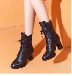 Real leather shoes Martin boots women's 2020 autumn winter new thick heel plush cotton spring and single short high