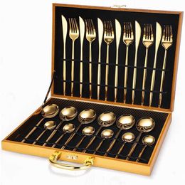 Kitchen Tableware Set Stainless Steel Cutlery 24pcs Fork Spoons Knives Gold Dinnerware Case Eco Friendly 211112