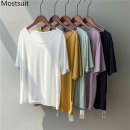 Solid Loose Women T Shirt Tops Summer Short Sleeve O-neck Casual Fashion Female Tees T-shirt Femme 210513