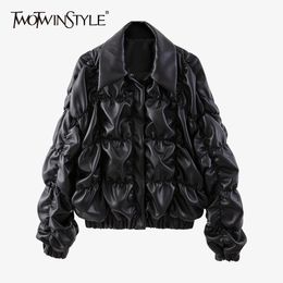 TWOTWINSTYLE PU Leather Ruched Jacket For Women Lapel Long Sleeve Casual Solid Jackets Female Autumn Fashion Clothing 210517