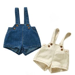 Baby Girl Cute Sweet Fashion Boys Washed Jeans Jumpsuit Kids Denim Romper Buttons Jumpsuits Straps Short Pants Cowboy Blue 210417