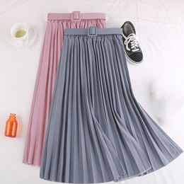 Summer Women Fashion elegant Retro pleated skirts female High waist skirt with Belt Chiffon Pleated midi long womens 210420