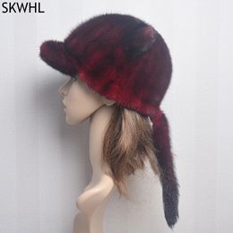 Women Winter Warm Baseball Cap Fashion Real Mink Fur Hat Adjustable Caps Hip Hop Landlord Lady Natural