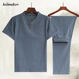 New Arrival Summer Style Men Boutique Two-piece Cotton and Linen Shirt High Quality Solid Men's Leisure Shirt (Shirt+Pants)M-5XL X0610