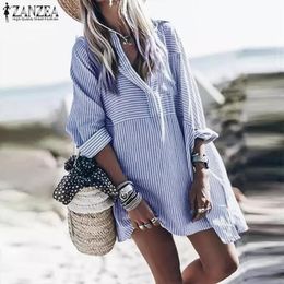 Sexy Mini Dress ZANZEA Summer Women Striped Sundress Fashion Lapel Neck Long Sleeve Party Vestidos Shirt Dress Robe Femme 7 X0521