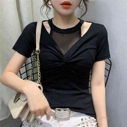 Women's Summer Black Cross V-Neck T-shirt Fashion Solid Slim Sexy Hollow Out Plaid Patchwork Tees Female Tops PL014 210506