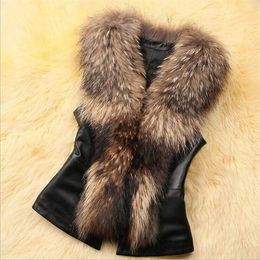 Women Faux Fur Leather Patchwork Vest Jacket Sleeveless Back Bowknot Decor Coat Outerwear Winter Autumn Warm Waistcoat Gilet Top 211220