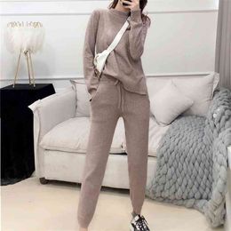 Winter Women Knitted Two Piece Set Long Sleeve O Neck Pullover Sweater +High waist Pocket Tracksuits Pant Suit 2 Pcs Outfits 210520
