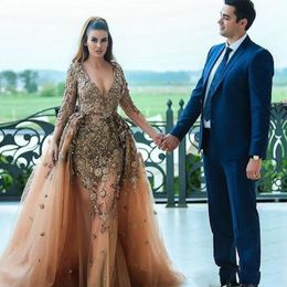 Glamorous Celebrity Mermaid Prom Dresses With Overskirt Crystal Beads V-Neck Long Sleeve Evening Gowns Applique Party Dress