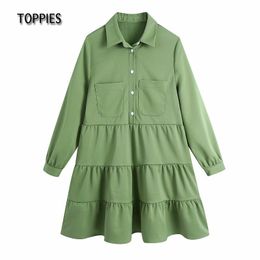 Toppies Spring Green Blouses Dress Woman Double Pockets Cascading Ruffles Mini Dress Female White Dresses 210412