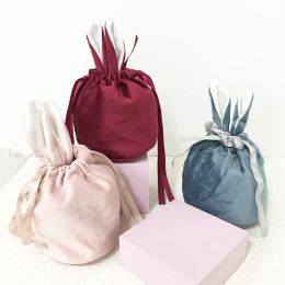 DHL Velvet Easter Bunny Bucket Favour Short Ears Rabbit Basket Drawstring Candy Bag Soft Plush Storage Bags