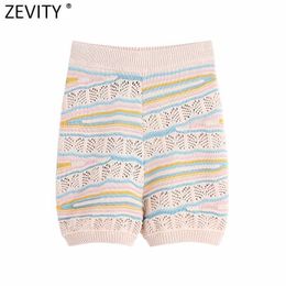 Zevity Women Fashion Hollow Out Jacquard Knitting Shorts Female Chic High Waist Contrast Color Slim Pantalone Cortos P1104 210603