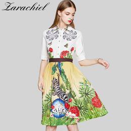 Fashion Runway Summer Shirt Women Short Sleeve Butterfly Lapel Patchwork Floral Print Animal Vintage Female Pleated Dress 210416