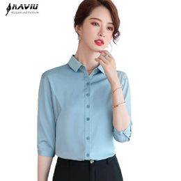 Light Blue Shirt Women Fashion Design Temperament Half Sleeve Satin Summer Loose Blouses Office Ladies Formal Work Tops 210604