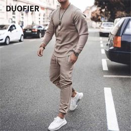 Men's Long Sleeve Top and Drawstring Pants Fashion 2 Piece Set Autumn Man Round Neck Solid Colour Sport Slim Fit Casual Suit 211109