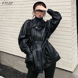 Women Faux Soft PU Leather Jacket Vintage Turn-down Collar Pockets Buttons Zipper Coat Motorcycle Punk Medium Long 210423