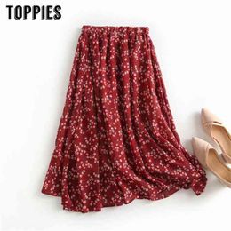 Red Floral Printing Midi skirts High Waist A-line Skirts Womens Elastic Waist Faldas Korean Streetwear 210412