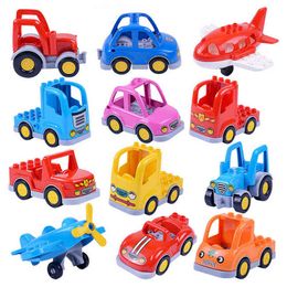 City Cartoon Car Trailer Truck Tractor Aeroplane Model Building Block Big Size City Educational Toys For Children Kids Xmas Y1130