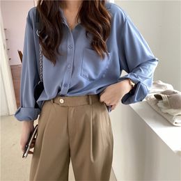 Grey-Blue Full Sleeves Solid Chic Office Lady Korean Casual Formal Women Loose Minimalist Gentle Streetwear Shirts 210421