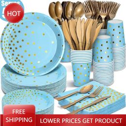 Disposable Dinnerware Blue Tableware Set Paper Cup Plate For Birthday Bronzing Polka Dot Mariage Party Supplies Decoration