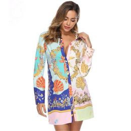 Spring Summer Women Shirt Dress Ladies Long Sleeve Knee British Style Beach Skirt Cover-ups Sarongs