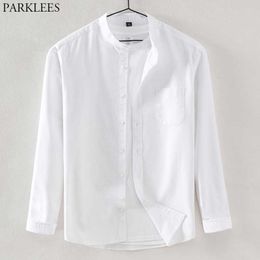 Men's Banded Collar White Oxford Shirt Slim Fit Long Sleeve Dress Shirts Men Casual Cotton Comfort Shirt with Easy Care 210522