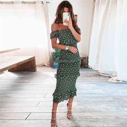 Foridol Summer Boho Floral Print Dress Women Ruffle Green Bodycon Long Dress Beach Holiday Elastic Dress Elegant 210415