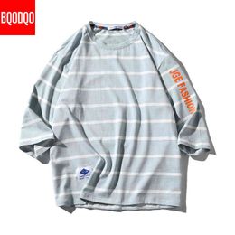 Men's Cotton Fashion T-shirt Mens Summer Striped Tshirts 5XL Casual Black T Shirt Man Oversized Three Quarter Sleeve Tee Shirt H1218