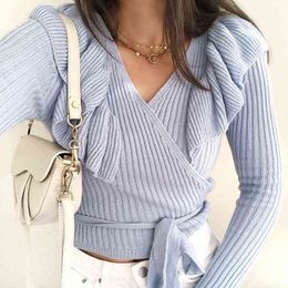 Inspired blue long sleeve sexy ruffles shoulder wrap for women new ladies cardigan coat 210412