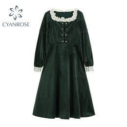 Women's Vintage Green Dress Ruffle Spliced Square Collar Retro Mori Girl French Dresses Elegant Korean Vestidos Mujer 210515
