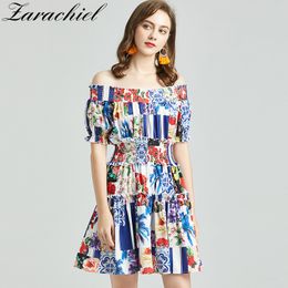 Summer Boho Beach Off Shoulder Floral Printed Women Elegant Elastic Waist Slash Neck Ruffles Holiday Short Dress 210416